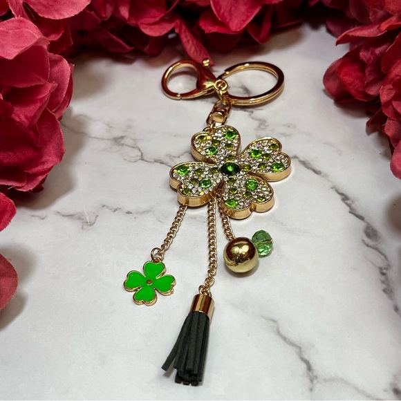 Green & Silver Crystal Four Leaf Clover Keychain with Tassel Charms - Picture 14 of 16